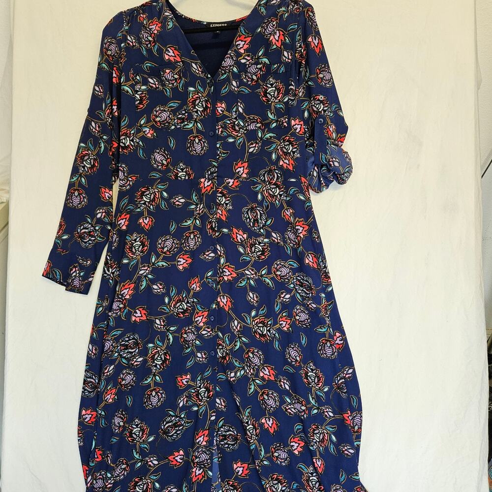 Express Blue Floral Button Front Maxi Dress Long Sleeve Size M